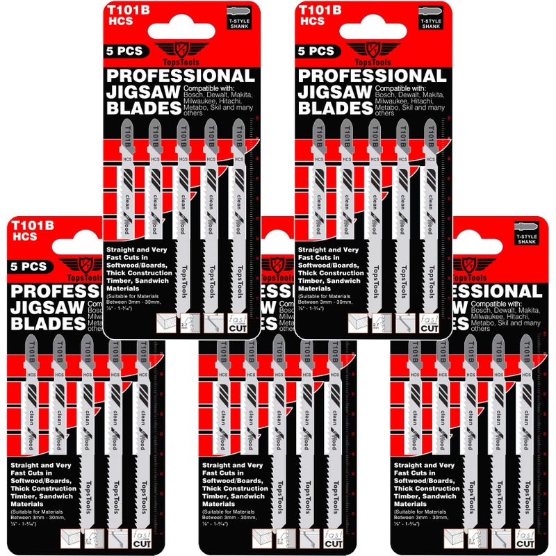 TopsTools 25 x TopsTools T101B 100mm Jigsaw Blades Designed for Clean Cuts in Wood - Image 1